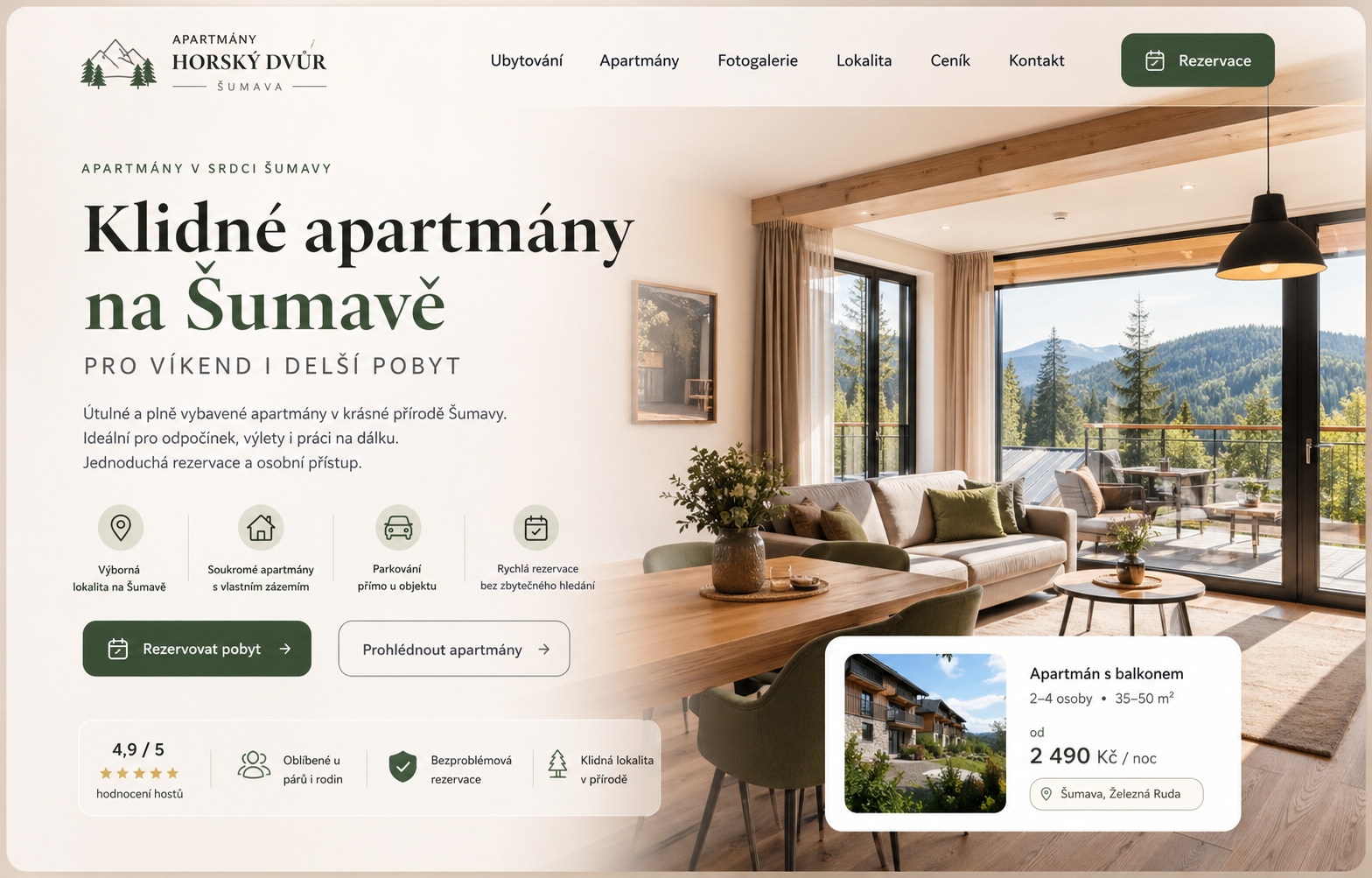 Ukázkový koncept webu pro penzion nebo apartmány