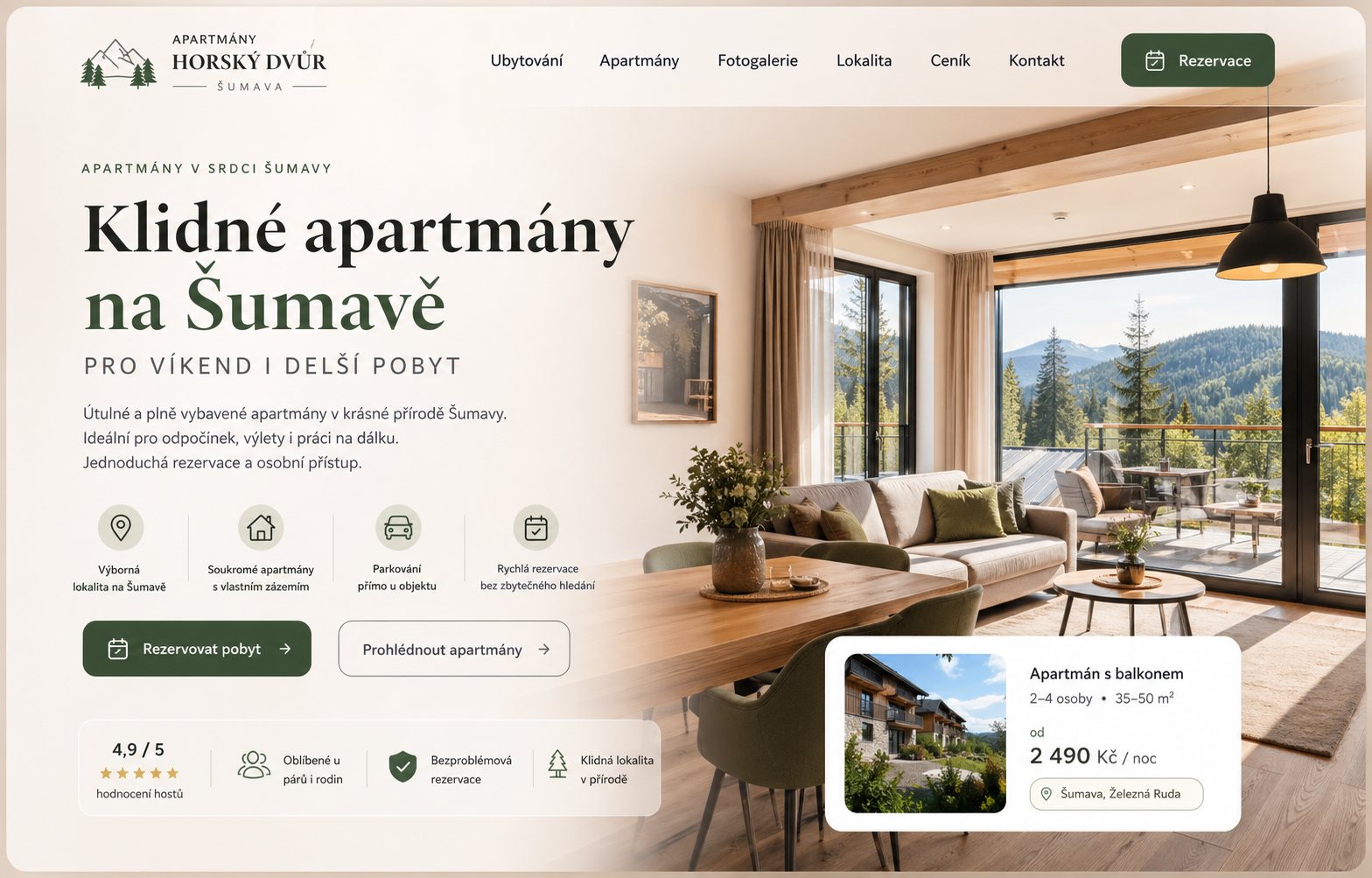 Ukázkový koncept webu pro penzion nebo apartmány